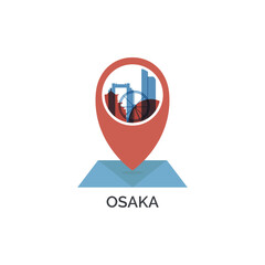 Osaka, Japan logo with map pin point, skyline. Vector flat badge, isolated illustration. Clip art with city emblem with landmarks and building silhouettes