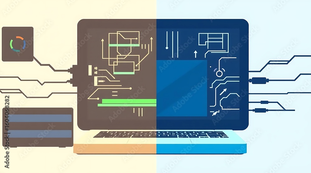 Poster a digital illustration of technology with a distinct split composition, dividing the image into bold