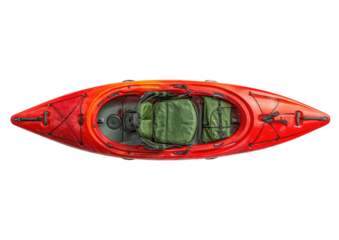 Red kayak, top-down view.  Dark green seat and storage compartments