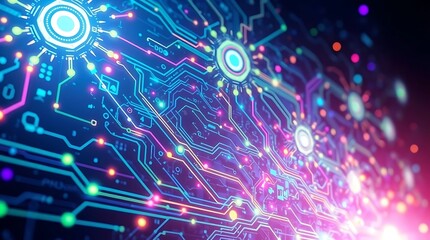 Fototapeta premium A digital painting depicting a vibrant technological background, showcasing interconnected circuits and glowing nodes in a futuristic style, using a blend of blues, greens, and purples