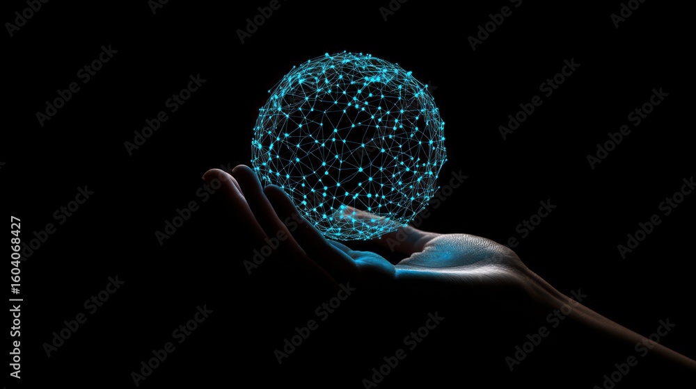 Poster hand holding digital globe with node connections representing technology