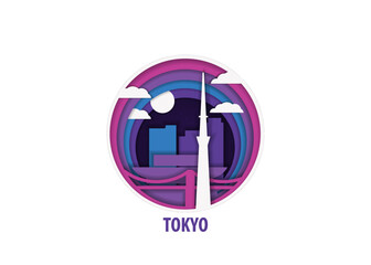 Tokyo paper cut, cityscape crafted vector illustration. Origami, layered art of Japan city with skyline, buildings, landscape shape for sticker, badge, web, print