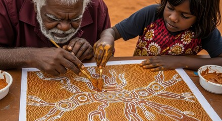 Aboriginal Art: Elder and Child Painting Traditional Dot Painting Together.