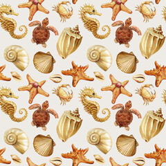 Seamless watercolor pattern with sea turtle crab seahorse starfish and ocean shells in warm beige brown tones