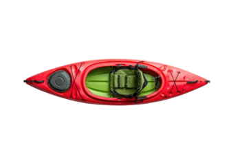 Red kayak, top-down view, displaying interior compartments and seat