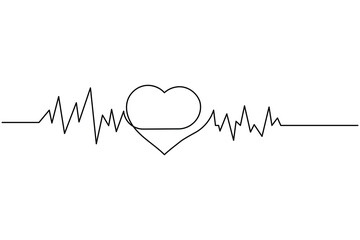 Heartbeat with heart continuous one line drawing on white background isolate outline vector illustration