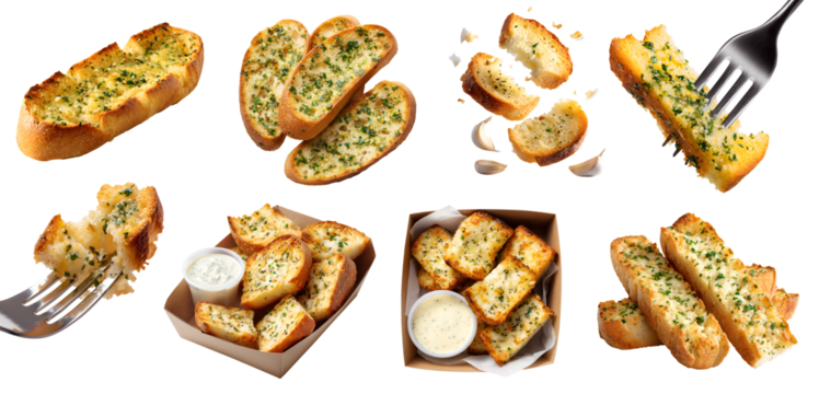 Garlic butter herb toasted baked bread bun loaf slice on transparent cutout, PNG file. Many assorted different angles, stack pile, takeaway box, fork, broken bitten pieces. Mockup template for artwork