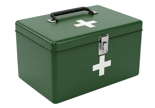 Secure your wellbeing with this essential green medical first aid kit featuring a prominent white cross emblem
