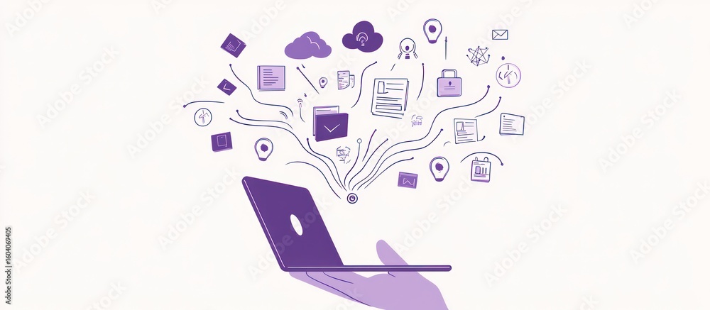 Poster conceptual data flow from laptop held by hand, symbolizing information processing and cloud communic