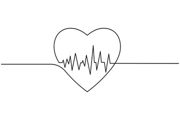Heartbeat with heart continuous one line drawing on white background isolate outline vector illustration