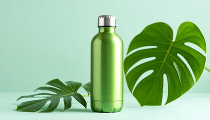 Eco-Friendly Hydration: A sleek, reusable green water bottle sits beside lush monstera leaves, representing sustainable living and eco-conscious hydration.
