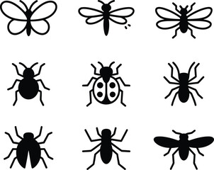 Collection of nine black and white insect icons in a grid
