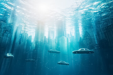 A surreal underwater scene of a modern city with floating cars, sunlight filtering through water, perfect for climate change, sci-fi or dystopian concept visuals.