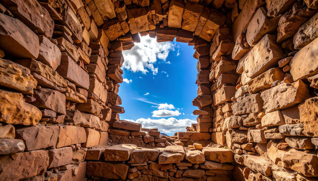 Stone window with blue sky: A captivating view of the vast expanse of sky framed by the rugged beauty of an aged stone window, the image creates a harmonious blend of nature and craftsmanship. - Powered by Adobe