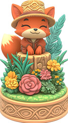 Cute fox figurine with a hat, flowers, and plants.  A whimsical scene