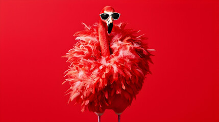 Playful flamingo in sunglasses and a fluffy red coat against a bold red background