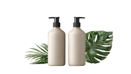 Two beige bottles, pump dispensers, tropical leaves