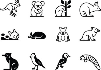 Obraz premium Collection of australian animal icons and illustrations in black and white