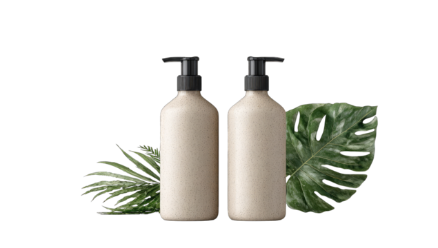 Two beige bottles, pump dispensers, tropical leaves