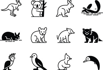 Fototapeta premium Collection of australian animals in simple line art style