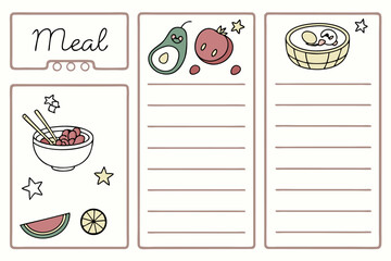 Meal planner with avocado tomato and egg basket over lined note sections and fruit bowl with chopsticks