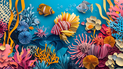 Vibrant Coral Reef Ecosystem A Paper Art Illustration of Marine Life