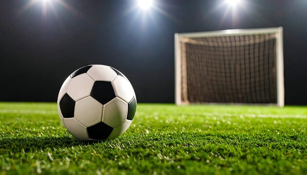 Soccer ball on a field, spotlights, goal