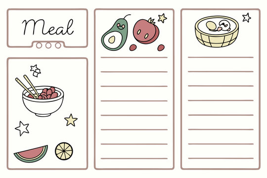 Meal planner with avocado tomato and egg basket over lined note sections and fruit bowl with chopsticks - Powered by Adobe