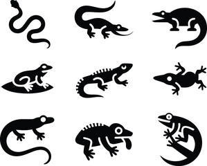 Collection of stylized black reptile silhouettes on a white background