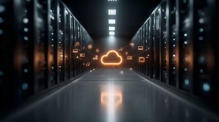 Cloud Computing in Server Room: A cutting-edge data center environment is highlighted with a luminous cloud, representing the forefront of technology.