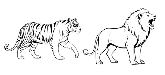Naklejka premium Minimalist Black and White Vector of Tiger and Lion Walking Together