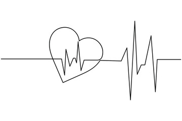 Heartbeat with heart continuous one line drawing on white background isolate outline vector illustration