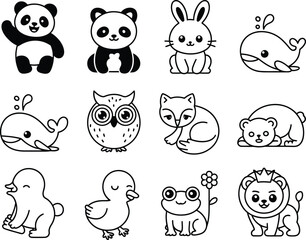 Collection of cute cartoon animal illustrations in black and white outline style