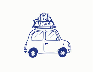 Fototapeta premium Road trip car doodle in hand-drawn sketch style. Cute small car with luggage and travel bags on the roof. Drawn with blue pen line strokes.