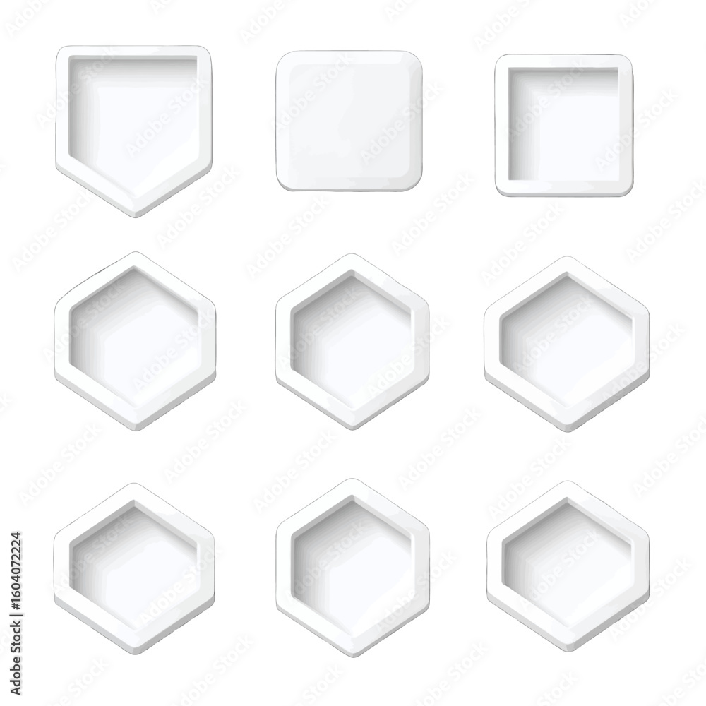 Poster set of white 3d geometric icons with beveled edges. includes hexagon, rounded square, and pentagon s