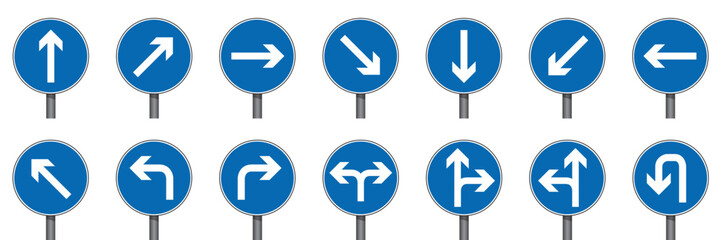 set of round blue traffic signs with different arrows isolated vector illustration