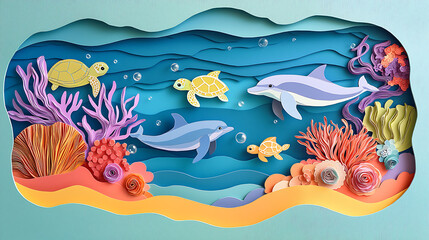 Whimsical Underwater Scene Paper Art of Dolphins, Turtles, and Coral Reefs in Aquatic Layers