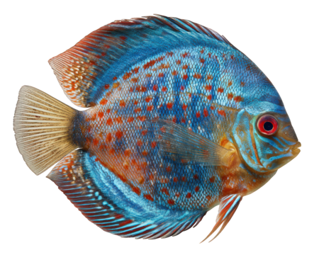 Colorful discus fish, vibrant blue and orange scales, isolated on transparency background, tropical freshwater aquarium species, unique pattern, striking red eye, peaceful aquatic pet