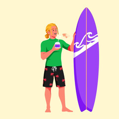 Smiling Blond Man Holding Purple Surfboard and Drink