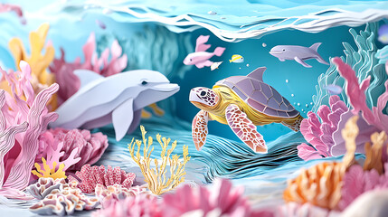 An enchanting underwater diorama crafted in a paper-cut style, featuring a friendly dolphin and a gentle sea turtle amidst a pastel coral reef.