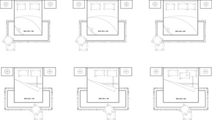 6 Collections Top View Bedroom Layout with Bed, Nightstands, and Rug. Set 14