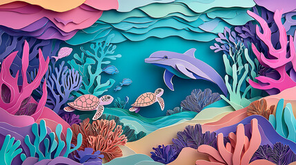 A whimsical papercraft illustration of a dolphin and sea turtles swimming in a vibrant, multi-layered underwater world with colorful coral reefs.