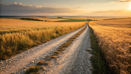 Road Through Golden Fields: A serene country road stretches through fields of golden grain under a dramatic sky with the warm glow of the sun setting on the horizon.