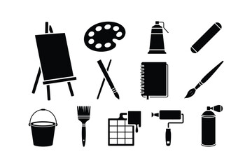 Easel palette paint tube chalk brush notebook roller spray can bucket vector