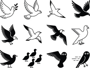 Fototapeta premium Collection of hand drawn bird silhouettes in flight and perched