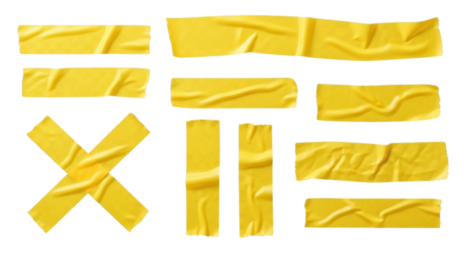 Set of yellow adhesive tape pieces isolated PNG with Transparent Background