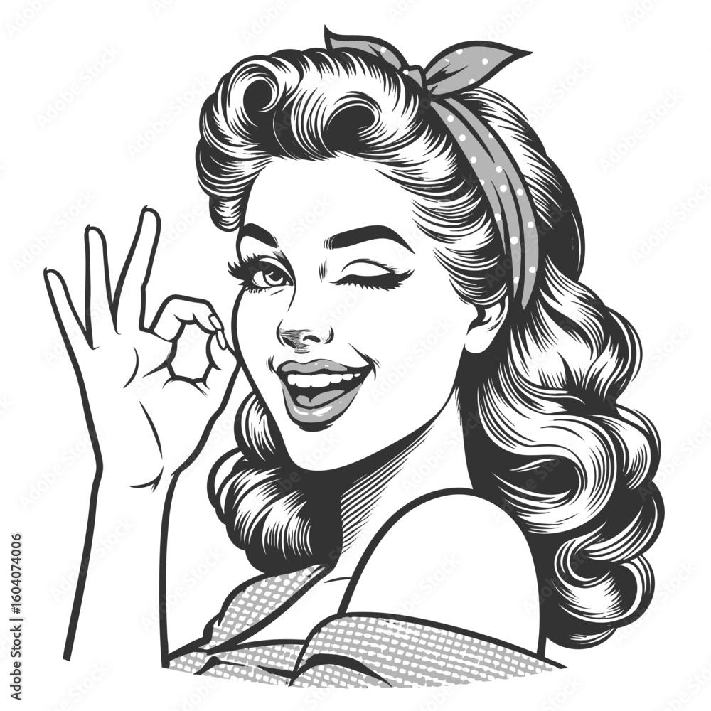 Poster smiling woman winking and making an ok sign sketch engraving generative ai fictional character vecto