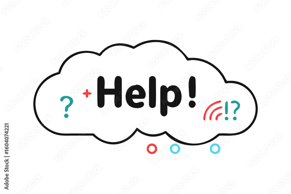 Poster help word in cloud with tech-themed punctuation marks