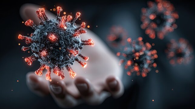 Virus graphic in hand symbolizing biological threat, protection awareness, and global pandemic health concern