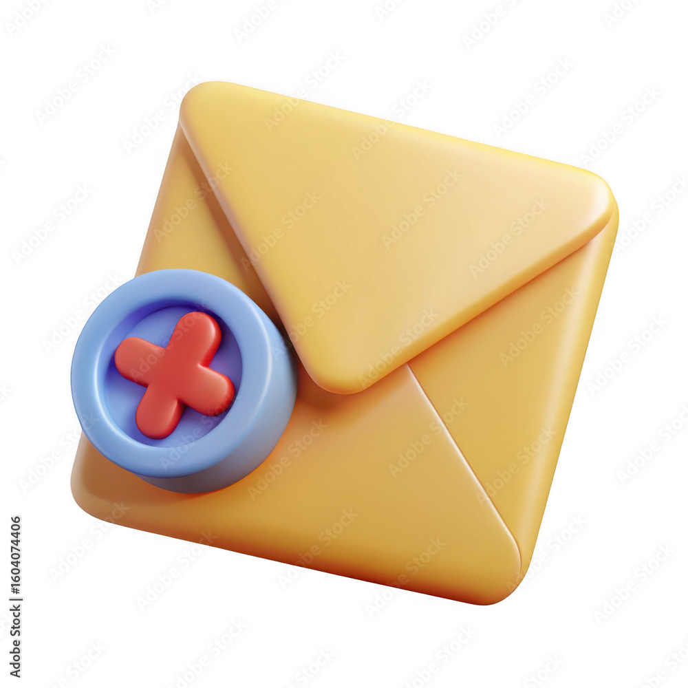 Poster 3d yellow envelope with red plus icon isolated on transparent background